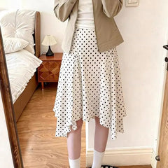 Cyflymder  Irregular Vintage Korean Polka Dot Skirts Spring Summer A-Line Basic Female Clothing High Waist Fashionable Folds Knee Skirts