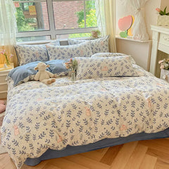 Cyflymder  Pastoral Plant Printed 100% Cotton Thick Bedding Set 160X210Cm Quilt Sets for Adults Warm Soft Duvet Cover for Autumn Winter
