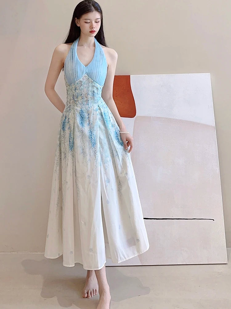 Cyflymder  Floral Sexy Halter Beach Dress Women Elegant Slim Sweet Sleeveless Vintage Long Dress Casual Retro Mesh Patchwork Vestidos