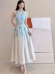 Cyflymder  Floral Sexy Halter Beach Dress Women Elegant Slim Sweet Sleeveless Vintage Long Dress Casual Retro Mesh Patchwork Vestidos