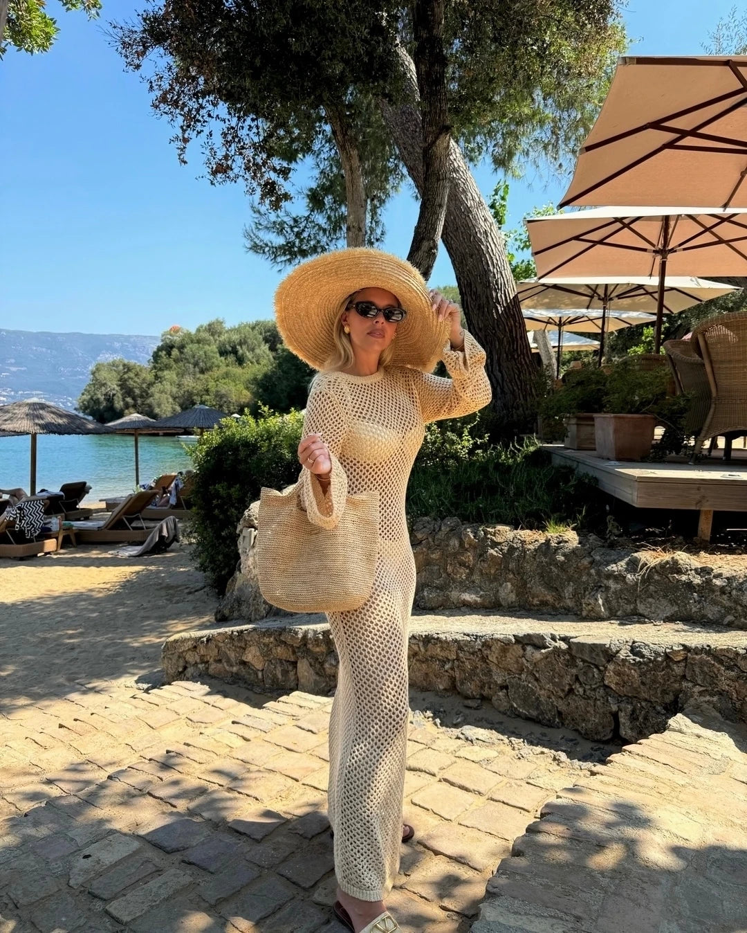 Cyflymder  Sexy U-neck Bell Sleeve Knit Maxi Dress Summer 2024 Women Swimwear Feminine Bikinis Cover-ups Holiday Crochet Beach Outfit K21