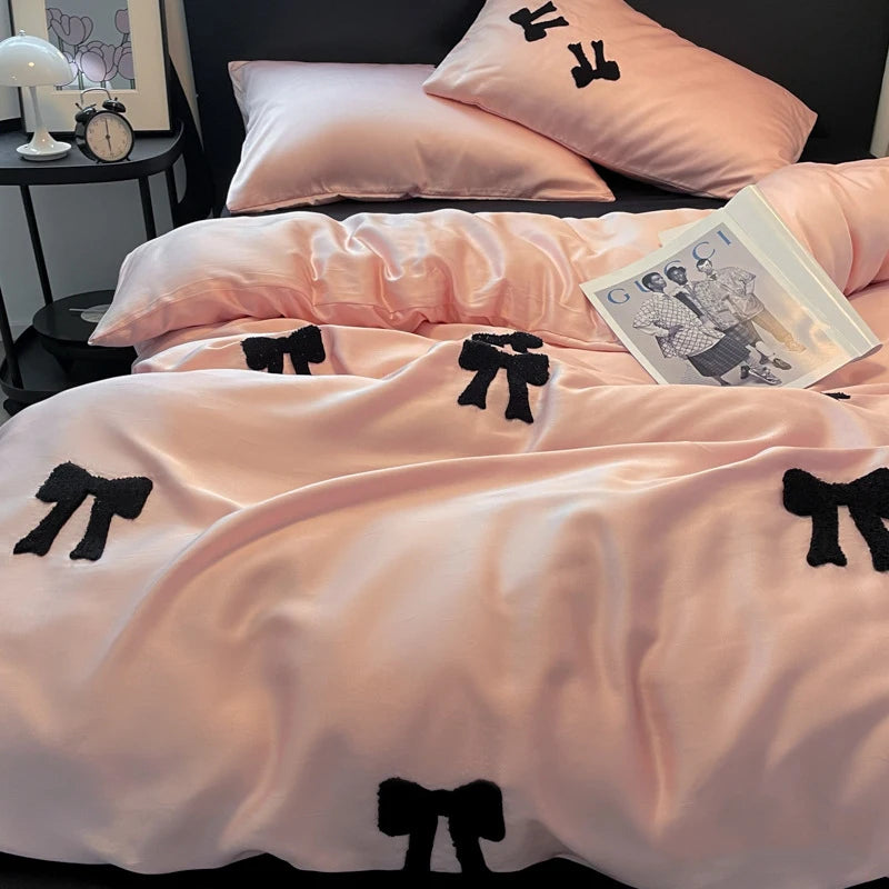 Cyflymder  Nordic Style Rayon Silk Bow Embroidery Bedding Sets Ice Silk Duvet Covers Bed Sheet Pillowcases Queen/king Bedclothes for Summer