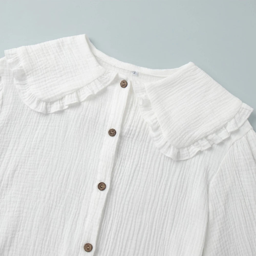 Cyflymder  Cotton Spliced Ruffled White Shirts for Women Peter Pan Collar Lantern Sleeve Patchwork Buttons Shirt Autumn Style