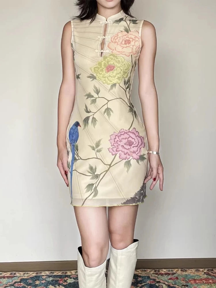 Cyflymder   Neo Chinese Style Vintage Printing Dresses Y2k Aesthetic Sleeveless Mini Vestidos Harajuku Hollow Out Button Grunge Woman Dress
