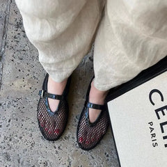 Cyflymder  New Fashion Fishnet Mary Jane Flats Women Black Breathable Mesh Sandals Ballet Shoes Flats Lady Casual Dress Shoes Summer