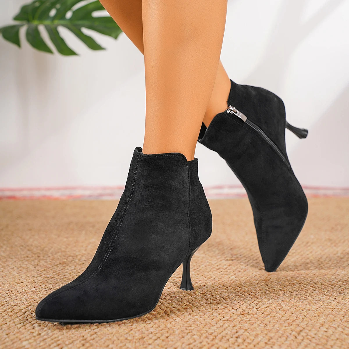 Cyflymder  Women Ankle Boots Suede Pointed Toe Shoes High Heels Pumps Zip Women's Short Boots Elegant Autumn Mujer Botas Shoe
