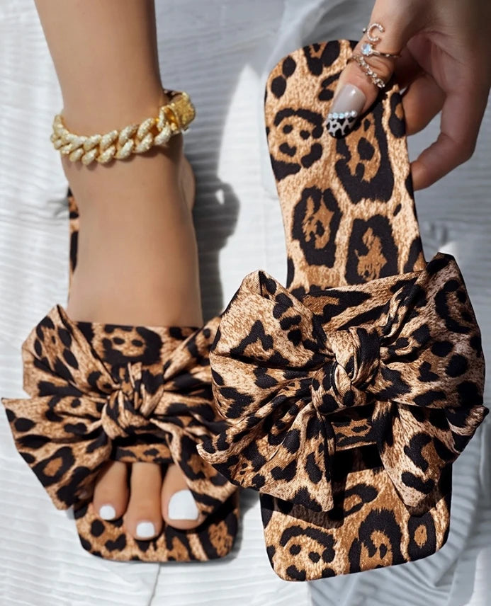 Cyflymder  New Fashion Summer Casual All Over Print Bowknot Design Square Toe Slippers