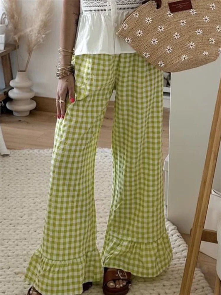 Cyflymder  Fashion Womens Plaid Print Pants Ruffles Legs Gingham Wide Leg Loose Casual Pull On Trousers Y2K Retro Chic Going Out Pants