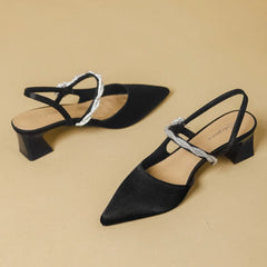 Cyflymder  Sandals Luxury Ladies Elegant Satin Rhinestone Thick Heel High Heels Single Shoes Summer New Pointed Back Empty Bag Head Sandals