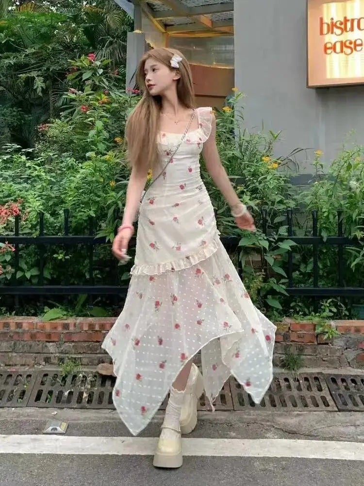 Cyflymder  Women Dresses Elegant Irregular Ruffles Floral Printed Sleeveless Square Collar Holiday Sweet Fashion Dress Female