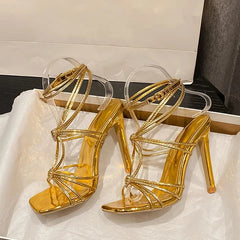 Cyflymder   Summer Blue Denim Sandals Women Elegant Square Toe Party Wedding High Heels Crystal Buckle Narrow Band Female Dress Shoes
