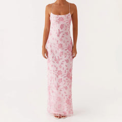 Cyflymder  Women Summer Glitter Sequin Beaded Flower Cami Dress Slim High Split Spaghetti Strap Open Back Long Dresses for Party Club