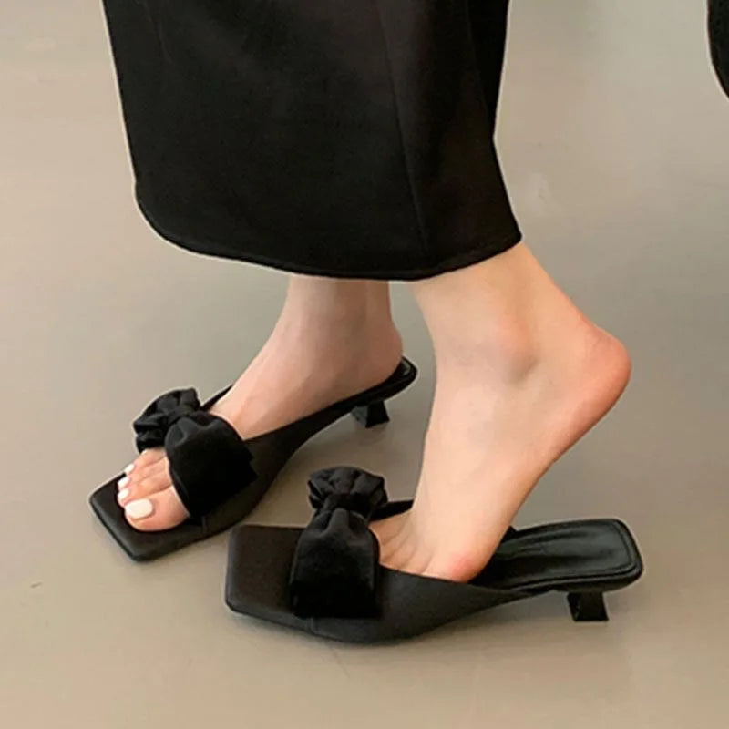 Cyflymder  Summer Women'S Fashion Bowknot Square Toes Slippers Open Toe Comfort Sandals Slippers Casual High Heels Slipper 3344