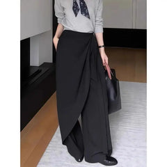 Cyflymder  Fall Fashion Asymmetrical Lace Up Pants Women High Waist Divided Skirt Versatile Office Lady Trousers Black Wide Leg Pants 695A