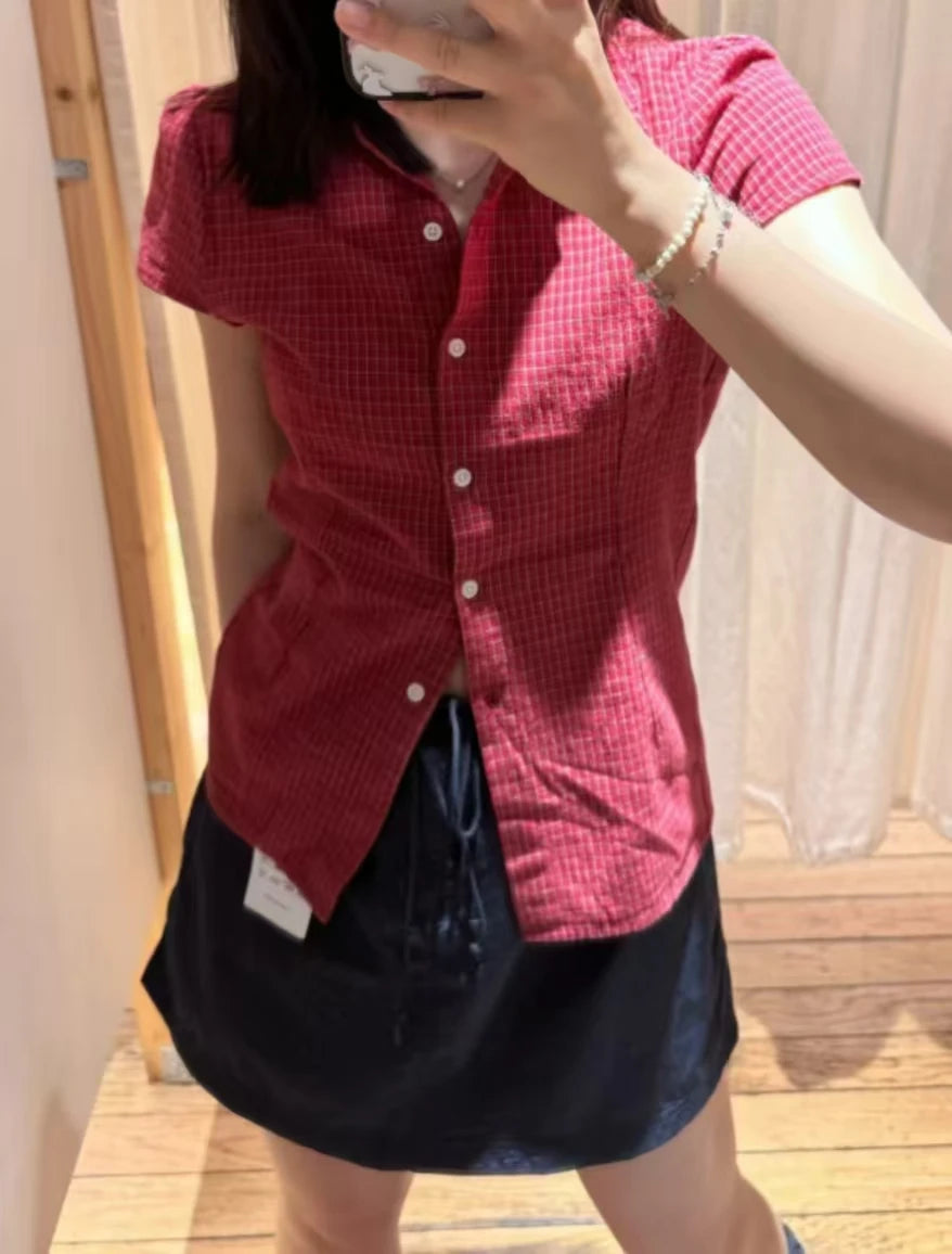 Cyflymder  Slim Fit American Retro irt for Women with  Collar ort Sve Purple Plaid Waist-Cinching Casual Sle Korean Faion