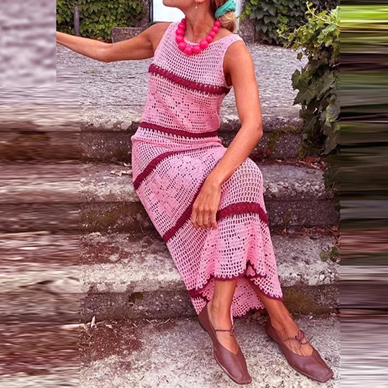 Cyflymder  Womens Sexy O Neck Sleeveless Slim Party Dress Casual High Waist Hollow Out Long Dress Summer Striped Print Knitted Beach Dress