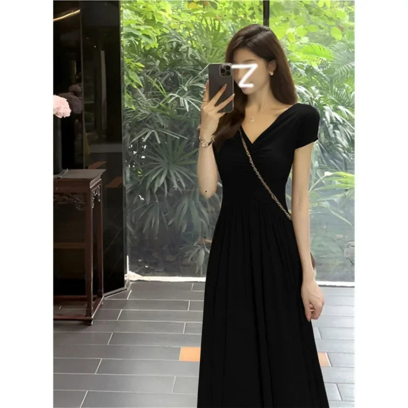 Cyflymder  Elegant French Style V-neck Dress New Summer Slimming Waist-fitted Long Dress Side Slit For Women Smooths Your Silhouette