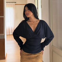 Cyflymder   Fashion Folds V-neck Solid Long Sleeve T-shirts Women Chic Slimming Waist Versatile Crop Tops Autumn Basic Backless Clothes
