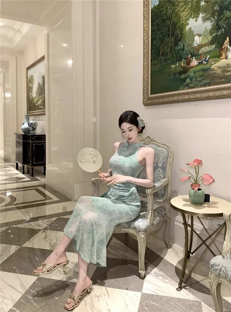 Cyflymder  Sexy Dresses Women Temperament Elegant Floral Printed Stand Collar Slim Stretch Summer Fashion Elegant Dress Female Party