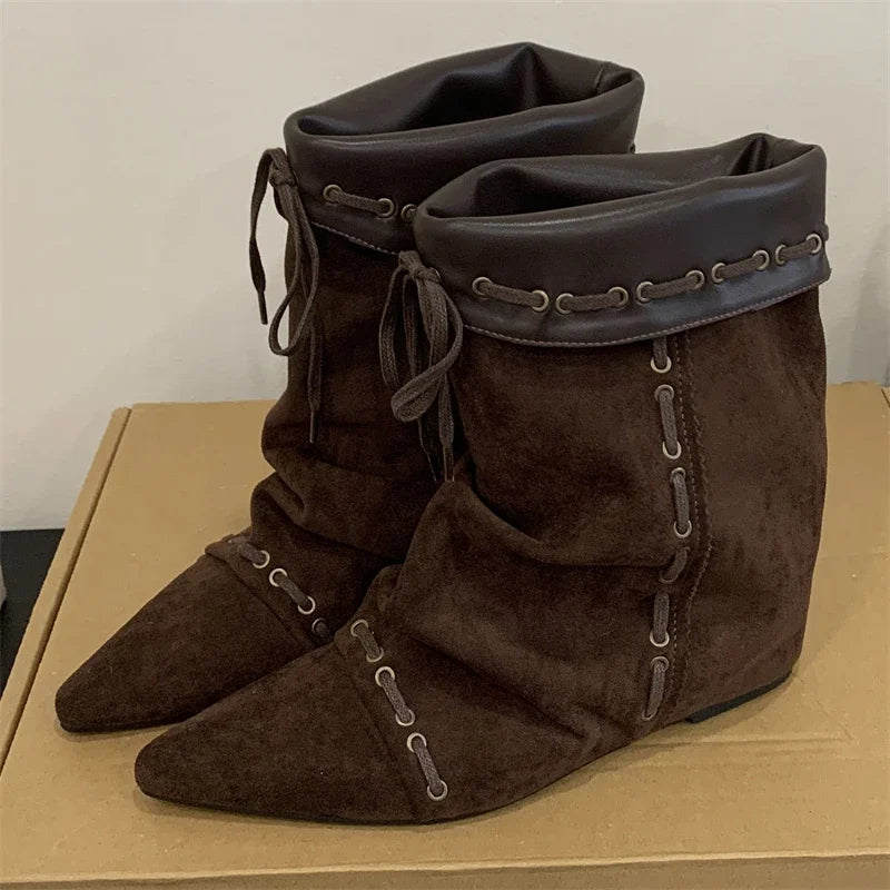 Cyflymder  Autumn Winter Soft Suede Pointed Toe Ankle Boots Women Fashion Lace Up Punk Style Modern Short Boots Ladies Wedges Party Heels