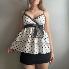 Cyflymder  Women Summer Vintage Dots Print Camisole Tanks Tops Spaghetti Strap V-Neck Lace Trim Bowknot Tiered Ruffles Vests Steetwear