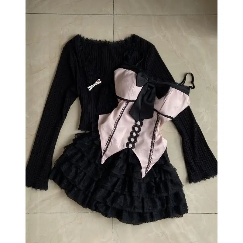 Cyflymder  Y2k Aesthetic 3 Piece Sets Knitted Cropped Cardigan + Irregular Bow Print Vest + Fairy Grunge Cake Skirts Vintage Outfits Suit