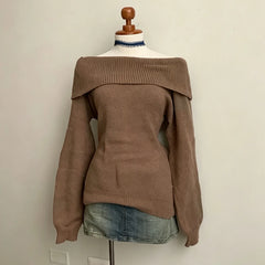 Cyflymder  Women Y2K Off‑Shoulder Knit Sweater Long Sleeve Fold Over Neck Ribbed Cropped Pullover Vintage Casual Autumn Winter Knitted Top