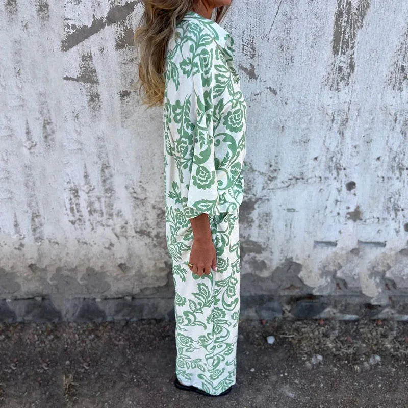 Cyflymder  Hot Sale Printed Women's Two Piece Sets Vintage Turndown Collar Long Sleeve Shirt Elastic High Waist Baggy Casual Pants