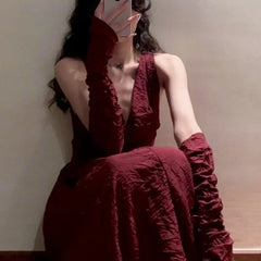 Cyflymder  Women Red Sleeveless Fairy Seaside Vacation Camisole Dress Summer New Beach Slim Waist Large Swing V neck Dresses