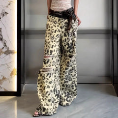 Cyflymder  Women Double Waistband Flared Jeans Leopard Print Patchwork Design Ripped Denim Pants Retro Fashion Summer Casual Trousers