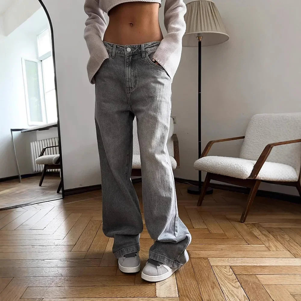 Cyflymder  American-style Retro Grey Washed Distressed Denim Wide-leg High-waisted Loose-fitting Floor-length Casual Pants for Women
