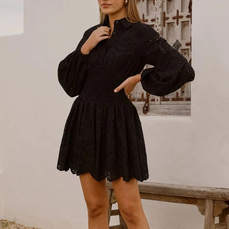 Cyflymder  Ladies Solid Hollow Out Crochet Dress 2025 Spring Turn-down Collar Button A-Line Dress Autumn Long Sleeve Jacquard Pleated Dress