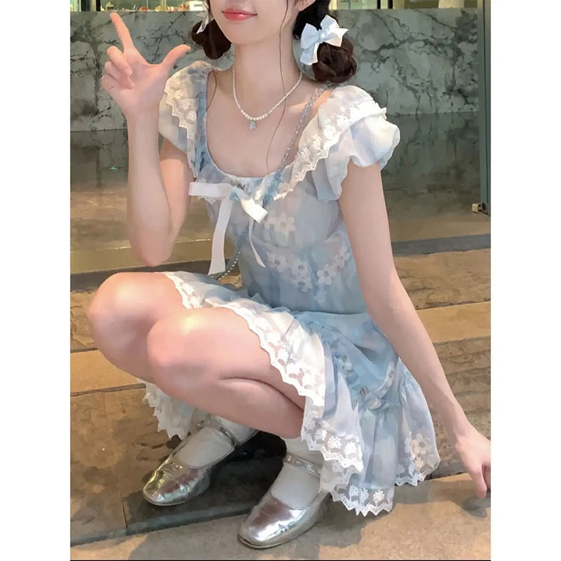 Cyflymder  Kawaii Bow Mini Dress Women Japanese Lolita Lace Slash Neck Dresses Summer Korean Party Cute Puff Short Sleeve Bodycon Vestidos