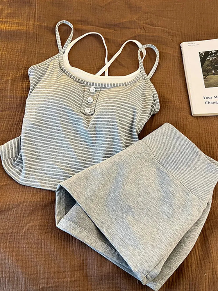 Cyflymder  Girls' Simple Style Striped Small Suspenders Pajamas Women's Spring and Summer New Shorts Loose Loungewear Can Be Worn Outside