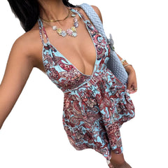 Cyflymder  Swimwear Women's Deep V Neck Halter Neck Backless Design Pareo Tiered Ruffle Skirt Beach Dress Lightweight Fabric Chic