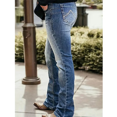 Cyflymder  [Timeless Charm] Ladies Retro Slim-fit Bootcut Flared Jeans, Stretch Denim, Classic Blue with Button Front Details