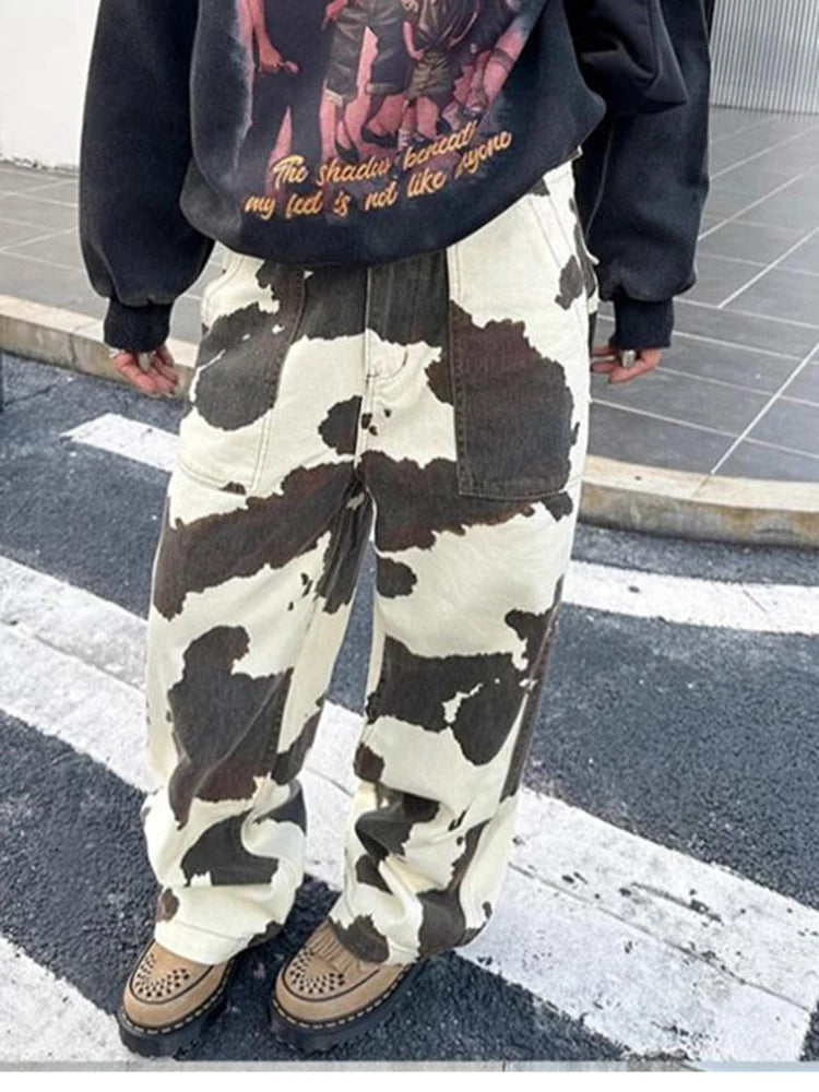 Cyflymder  Women High Waisted Straight Leg Pants Vintage Streetwear Casual Trousers with Cow Print Tie Dye Pattern