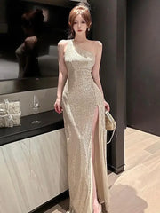 Cyflymder Summer Beige Sexy Club Off Shoulder Sequin High Split Long Dress Women Elegant Backless Birthday Party Evening Prom Dresses