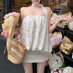 Cyflymder  Color Broken Flowers Strapless Loose Shirts Summer Off Shoulder Female Clothing Dopamine Fashion Sleeveless Sweet Folds Blouse