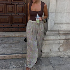 Cyflymder  Women Flower Print See Through Pants Pleated Loose Trousers Spring New Fashion Summer Holiday Casual High Street Sweatpants