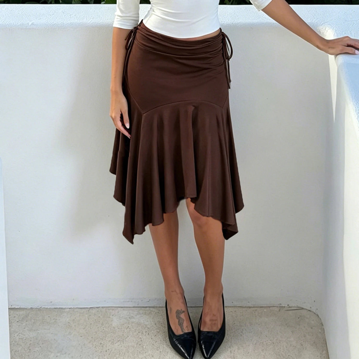 Cyflymder  Vintage Lace Up Knitted Irregular Hemline Brown Skirts Women Daily Casual All Match Low Waist Knee-length Bottom Wear Summer New