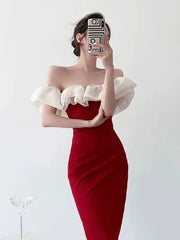 Cyflymder  Sweet Hot Girl Pure Sexy Off Shoulder Dress for Women's Summer Slash Neck Slim Fit Party Dress Fashion Female Clothes