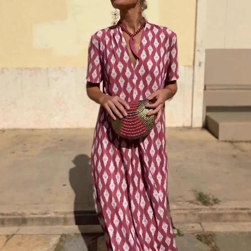 Cyflymder  Leisure High Waist Pattern Printed Women's Dress Summer New Loose Party Maxi Dress Elegant V-neck Short Sleeve Commuting Dresses