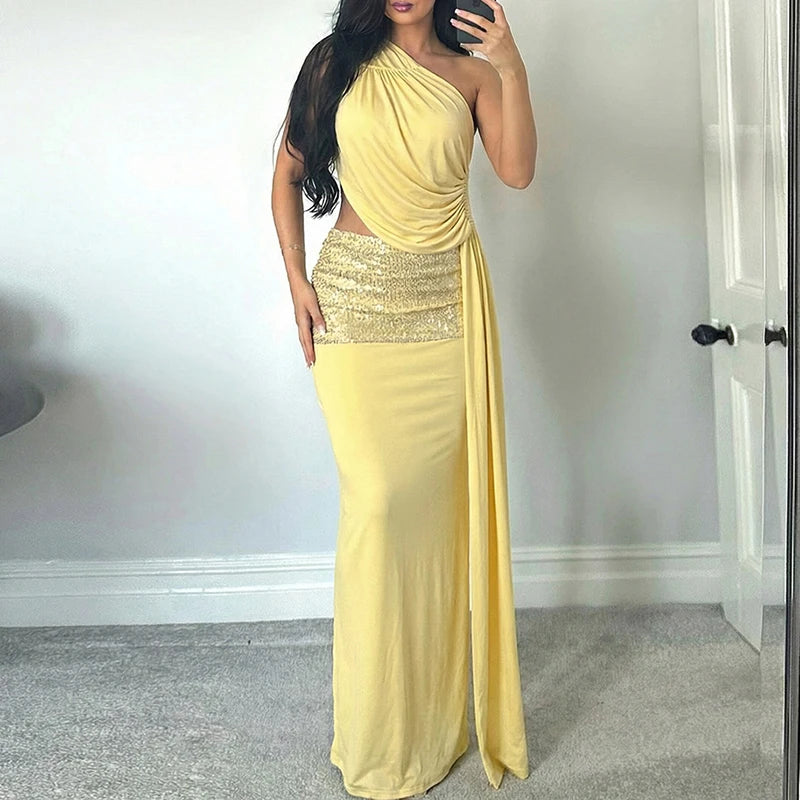 Cyflymder   Women Elegant Patchwork Sequins Long Dress Fashion Diagonal Collar Hollow Evening Dress Summer One-shoulder Slim Bodycon Dresses