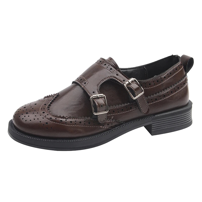 Cyflymder  British Women's Spring New Versatile Chunky Heel Brogue Flats Low Heel Loafers