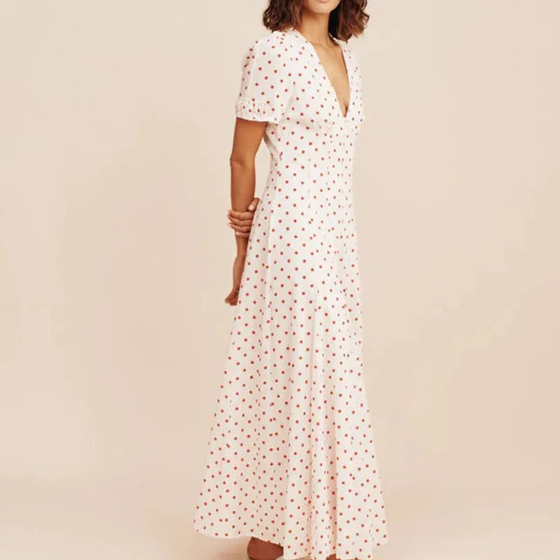 Cyflymder  Casual Short Sleeve High Waist Swing Dress French Style Seaside Vacation Maxi Dress Fashion Polka Dot Print V-neck Evening Dress