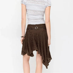 Cyflymder   Womens Asymmetrical Hem Skirt Boho Lace Low Rise Floral Midi Skirt with Belt for Casual Bohemian and Daily Wear
