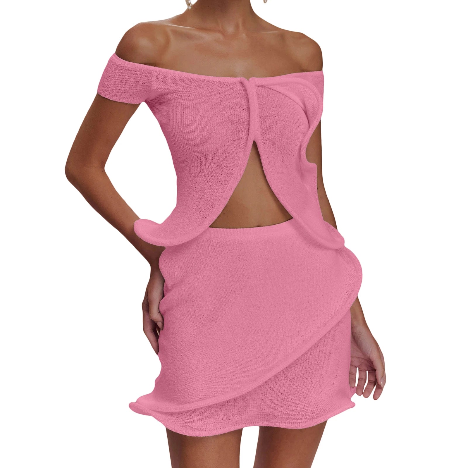 Cyflymder  Women Knit Set y2k Clothes Off Shoulder Short Sleeve Slit Crop Top with High Waist Skirt Beach Party Clothing Clubwear