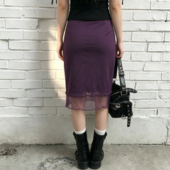 Cyflymder  Women's Summer Elegant High-Waist Purple Sheer Layered Midi Skirt Featuring a Subtle Ruffle Hem Perfect for Chic Everyday Wear