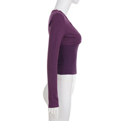 Cyflymder  Purple Elegant Lace Patchwork V-Neck Slim Knit Top Women Casual Long Sleeves Tees Fashion Sexy Clothing Spring Outfits